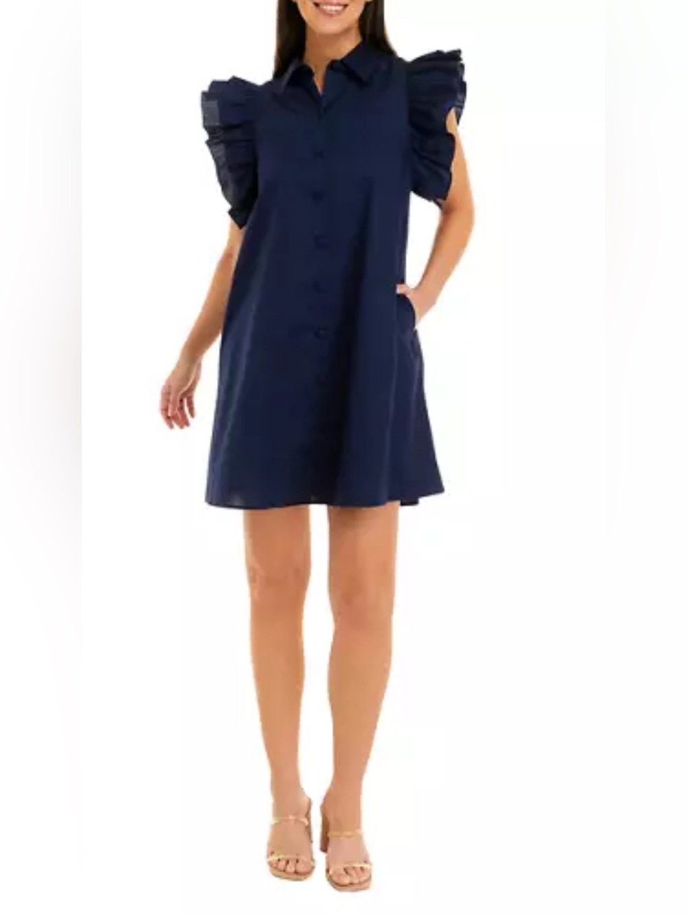 Crown & Ivy Cap Ruffle-Shoulder/Sleeve Shirt Dress in Navy -size S
